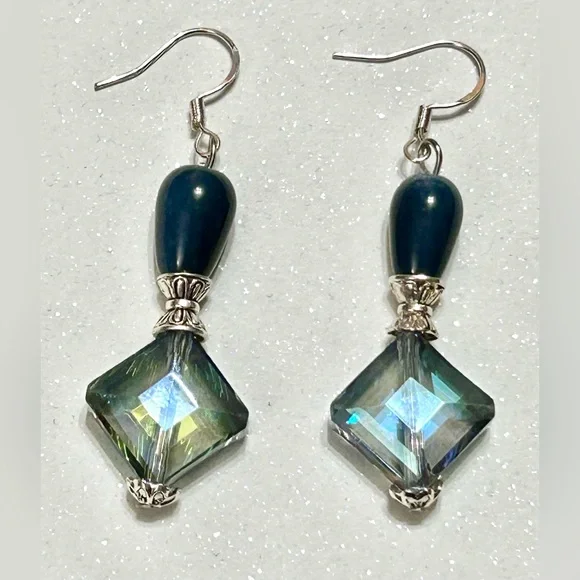 Elegant Silver and Iridescent Blue Dangle Earrings - Picture 6 of 11